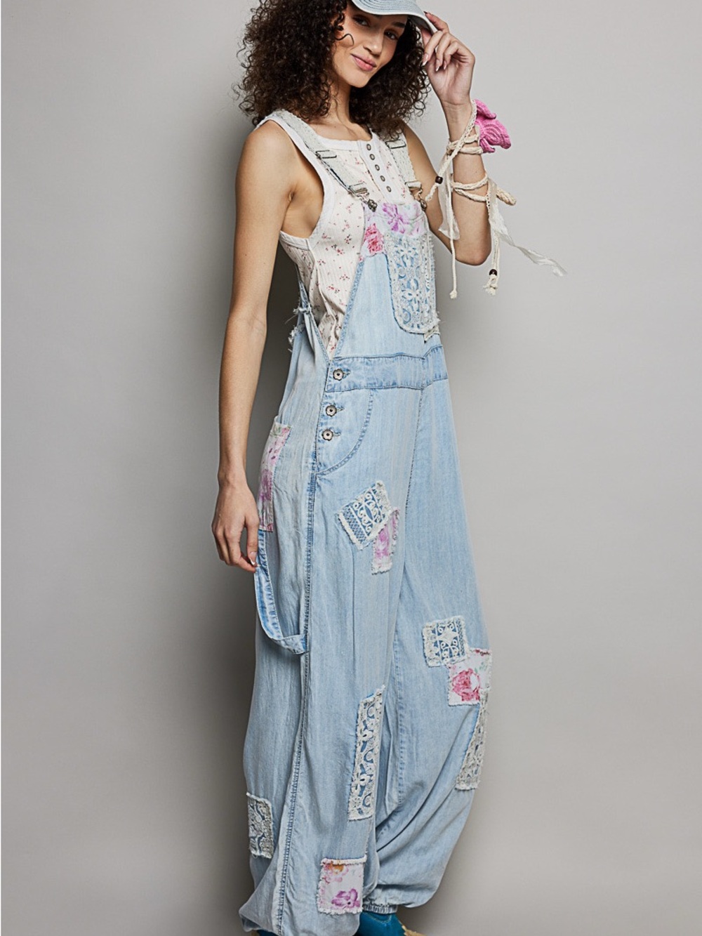 POL Light Blue Denim Patchwork Lace Jumpsuit with Pink Accents - Picture 5 of 8
